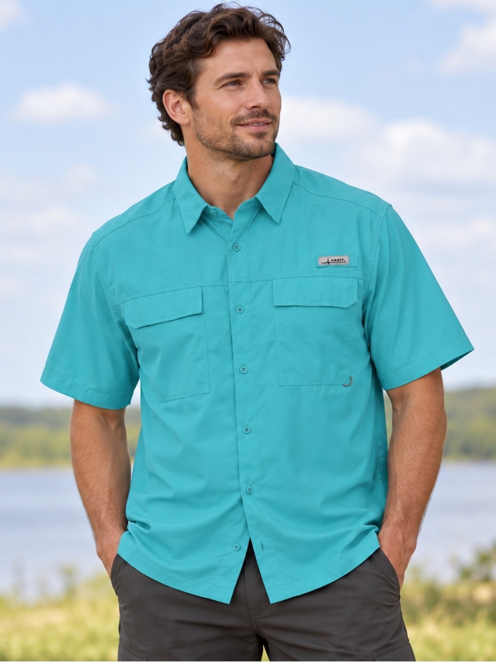 HABIT Short-Sleeve Button Down Shirt in Teal